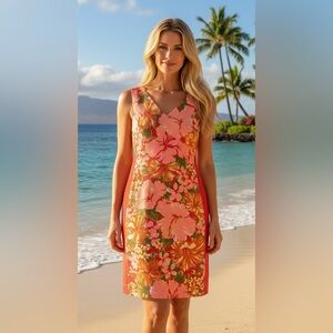 Tracy Feith Hawaiian Hibicus Orange Floral
V-neck Shift Sheath Dress Sz L Summer